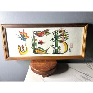 Mid Century Asian Brush Painting Framed Art – Birds Bamboo Sunset